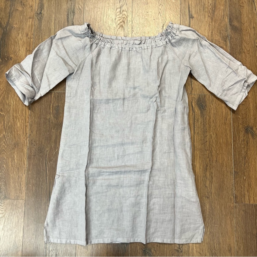 Allen Allen USA Gray Linen Cuffed Sleeve Smocked Dress SZ SM